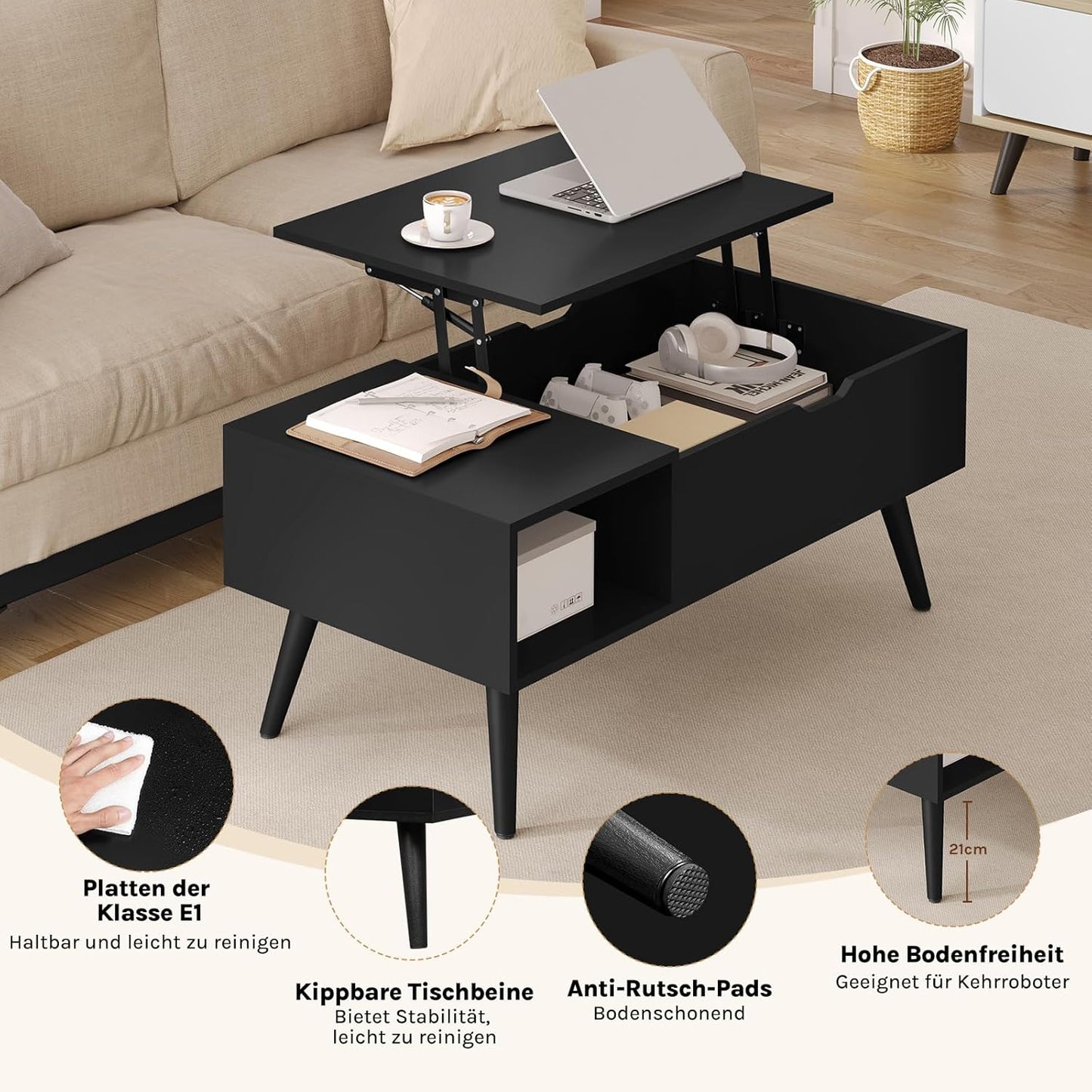 Woltu Couchtisch, höhenverstellbar – 100 x 57 x 50 cm – Schwarz