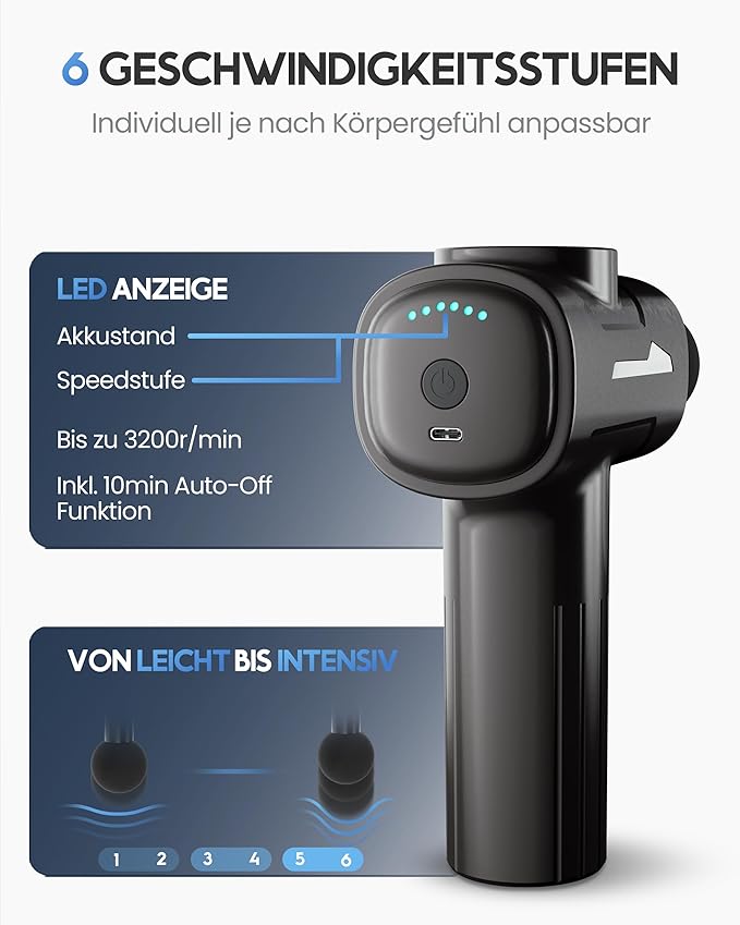 Heroism Massage Gun mit 6 Massageköpfen - Muskelmassagegerät 3200 U/min, USB-C wiederaufladbar - Grau