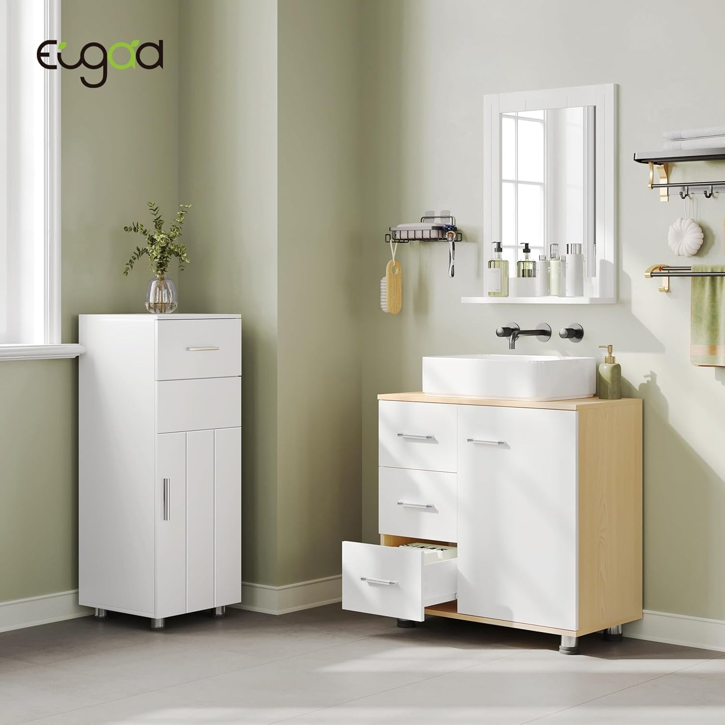 Eugad Badezimmerschrank Weiß/Helle Eiche – 60 x 60 x 30 cm – 3 Schubladen – Verstellbares Regal