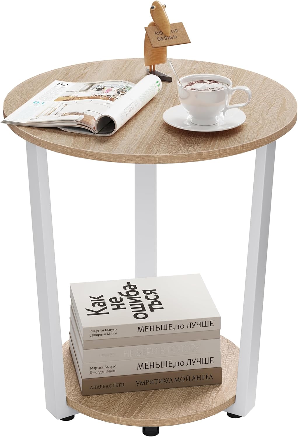 Woltu runder Couchtisch - 50x50x53 cm - Eiche hell - Beistelltisch mit 2 Ablagen und Stauraum