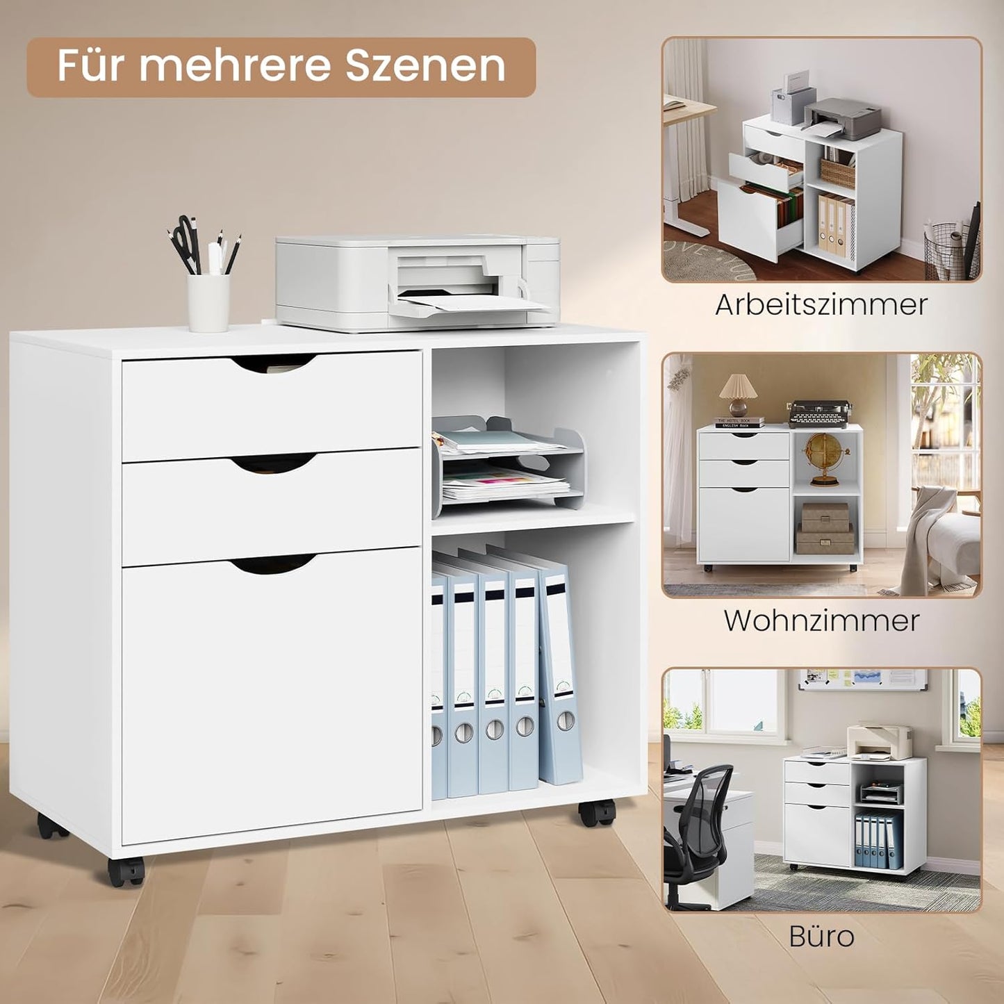 WOLTU ASK13ws Rollcontainer - mobiler Schubladenblock für das Büro - 3 Schubladen - weiß - 80 x 69,5 x 39,5 cm