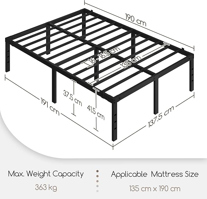 Yaheetech Metallbettgestell 135 x 190 cm – Schwarz – 135 x 190 x 41,5 cm – Mit Stahl-Lattenrost und Stauraum