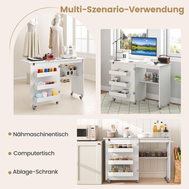 Coast Nähtisch Weiß - Zusammenklappbarer Basteltisch auf Rädern mit Stauraum und 3 versteckten Fächern - 118,5 x 40 x 79,5 cm