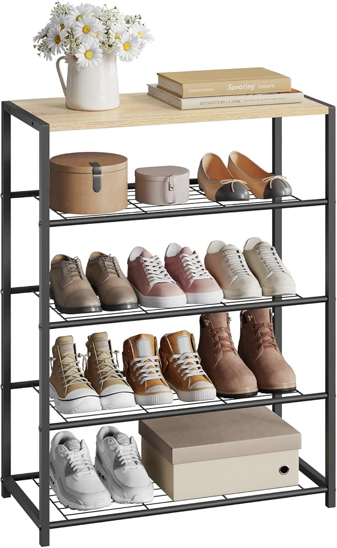WOLTU Organizer Schuhregal - 4 Ebenen - Eiche hell und schwarz - 63 x 83 x 30 cm