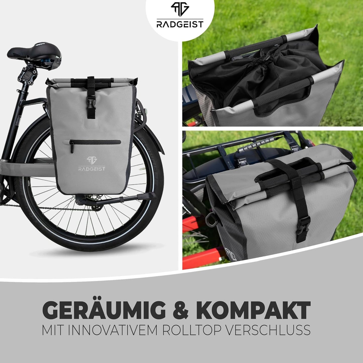 RADGEIST Fahrradtasche - Für Gepäckträger - Mit herausnehmbarer Kühltasche - Einkaufstasche - 22-28 Liter - Grau