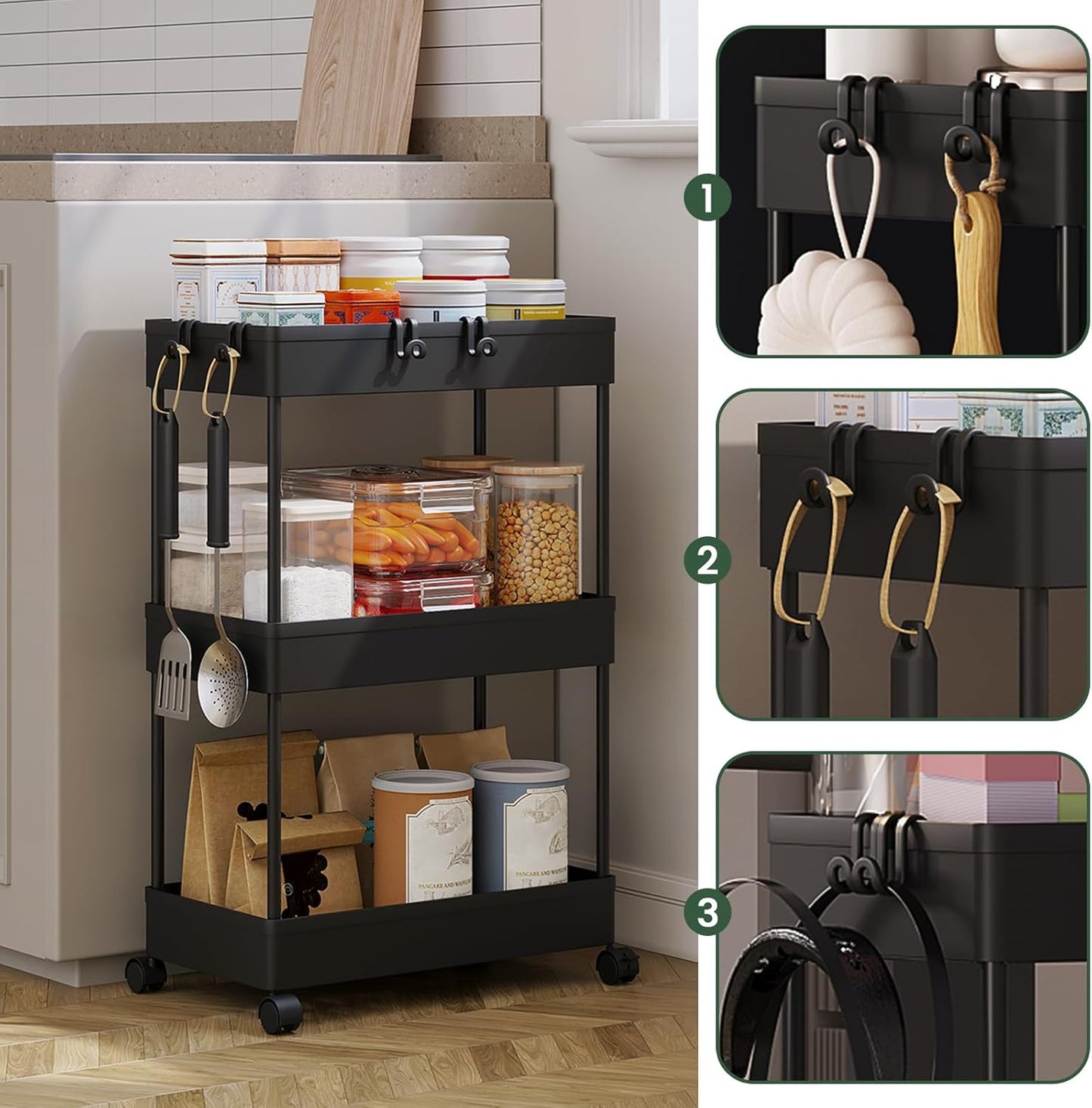 Klihome Aufbewahrungswagen, 3-stöckig – 39 x 20,5 x 58,5 cm – fahrbar – bis zu 15 kg