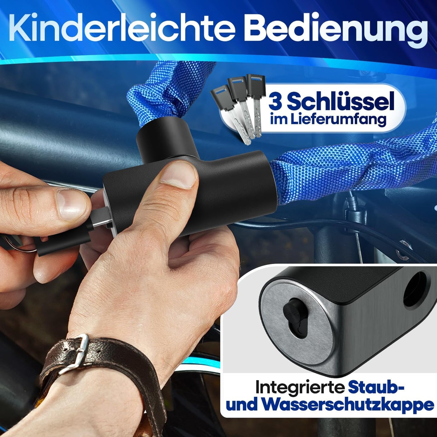 NEXTCOVER® Fahrradschloss LockOne mit Schlüssel - hohe Sicherheit - robust & langlebig - 3 Schlüssel - Blau