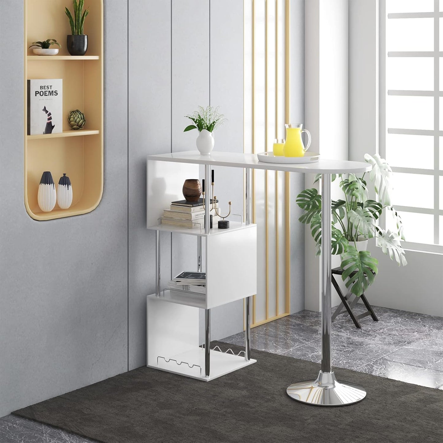 Woltu Bartisch mit Flaschenhalter und 3 Ablagen - Weiß - 113x40x105 cm
