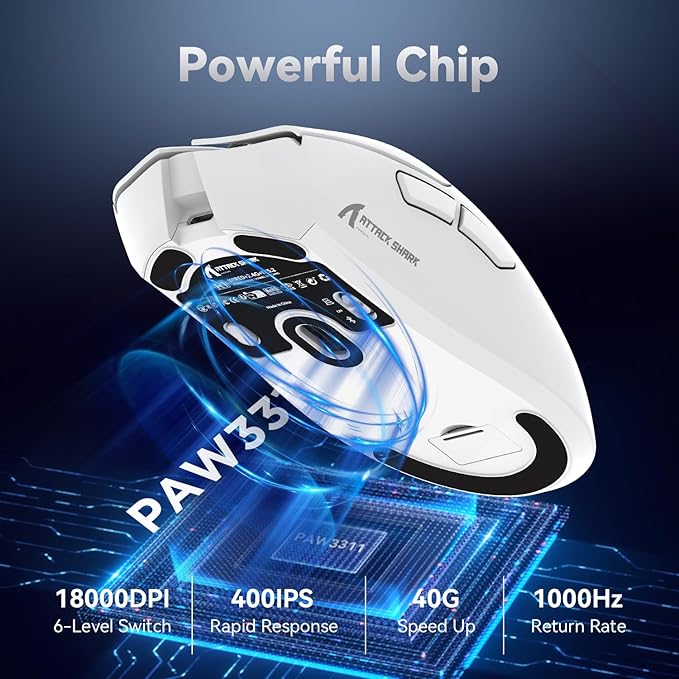 ATTACK SHARK R1 Superlight Gaming Mouse - 59g - 12,2 × 6,4 × 3,8cm - Kabellos & kabelgebunden - Bis zu 18.000 DPI - 65 Stunden Batterielaufzeit - Weiß