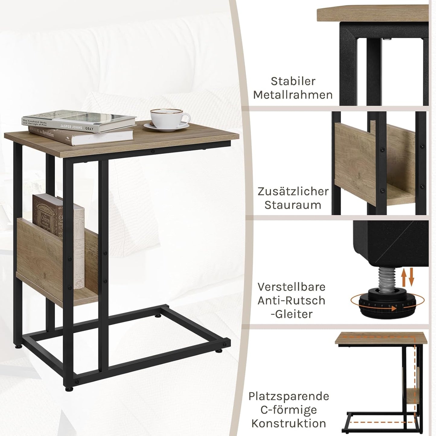 Woltu C-förmiger Beistelltisch mit Ablagegestell – graue Holzoptik – Metall – 55 x 36 x 59,5 cm