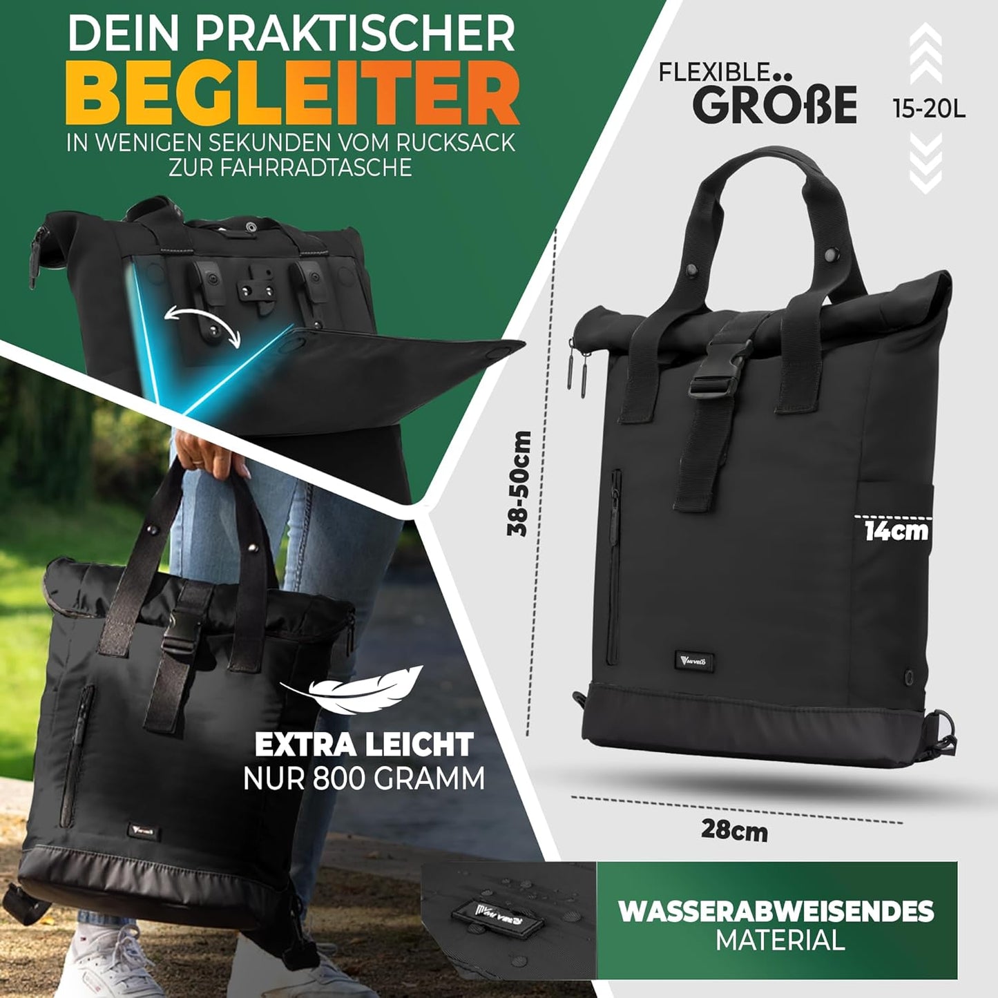 MIVELO MAYA Fahrradrucksack - Mit faltbarem Rucksack - 50 x 28 x 14 cm - Schwarz