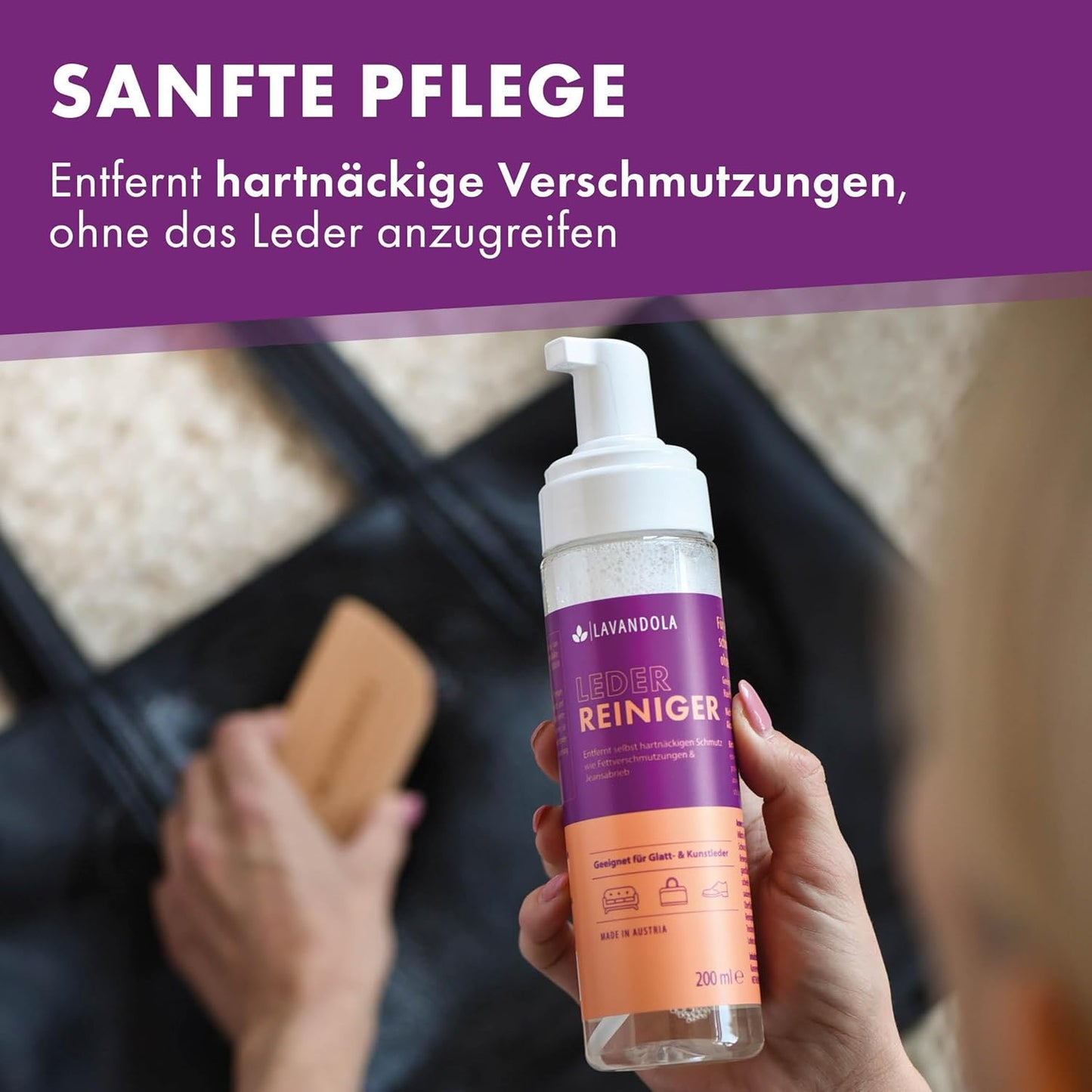 Lavandola Lederreiniger 200 ml – sanfter und wirksamer Reinigungsschaum – für Glatt- und Kunstleder – gegen hartnäckigen Schmutz – geeignet für Sofas und Ledersessel