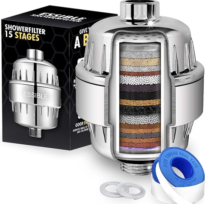 Essible 15-Stufen-Duschfilter - mit Vitaminen C und E - Edelstahl-Wasserfilter für Duschkopf - gegen Kalk, Chlor und Fluorid**