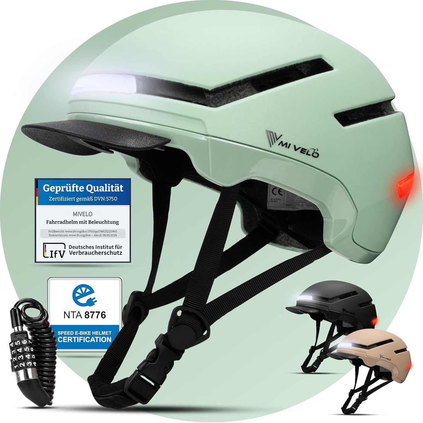 Mivelo NOVA Unisex-Fahrradhelm mit Licht – NTA-zertifiziert bis 45 km/h – Größe L (57–61 cm) – Mint