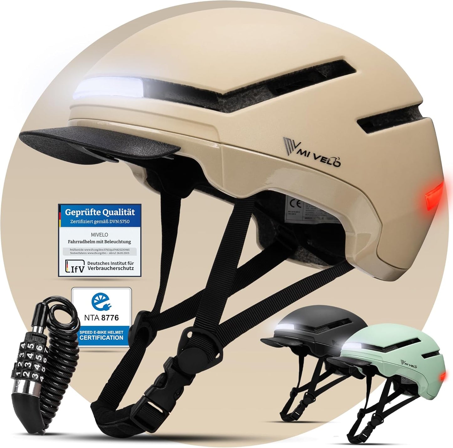 Mivelo Unisex-Radhelm NOVA - Mit Licht - NTA-zertifiziert bis zu 45km/h - Größe L (57-61 cm) - Beige