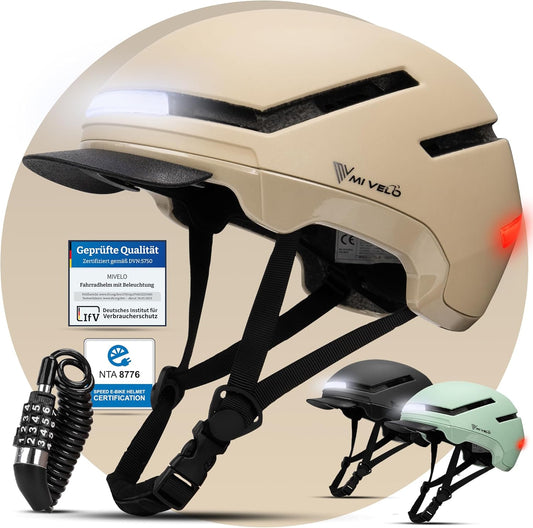 Mivelo Unisex-Radhelm NOVA - Mit Licht - NTA-zertifiziert bis zu 45km/h - Größe L (57-61 cm) - Beige