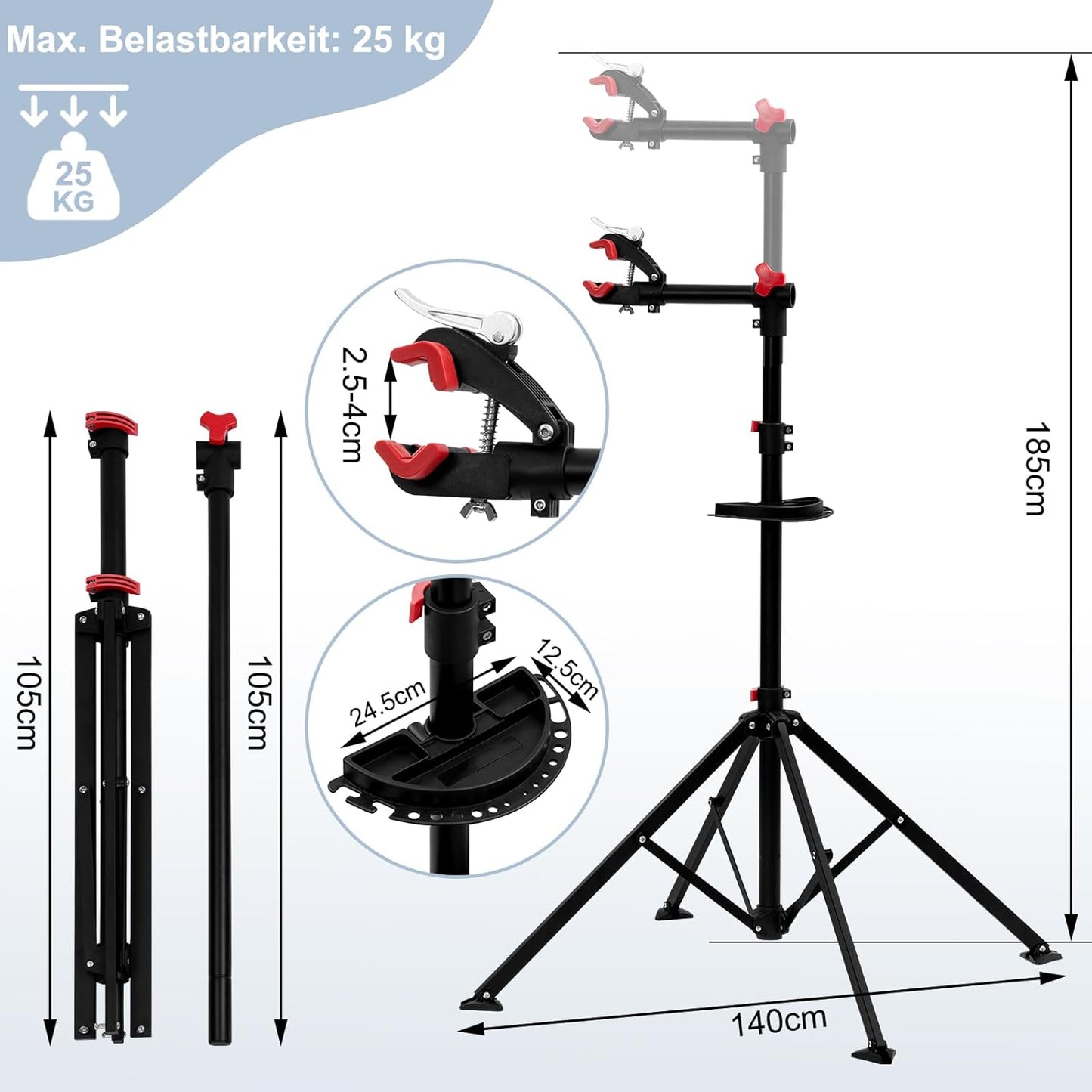 WOLTU Fahrrad-Montageständer Schwarz – 105–185 cm verstellbar – um 360° drehbar – bis zu 25 kg
