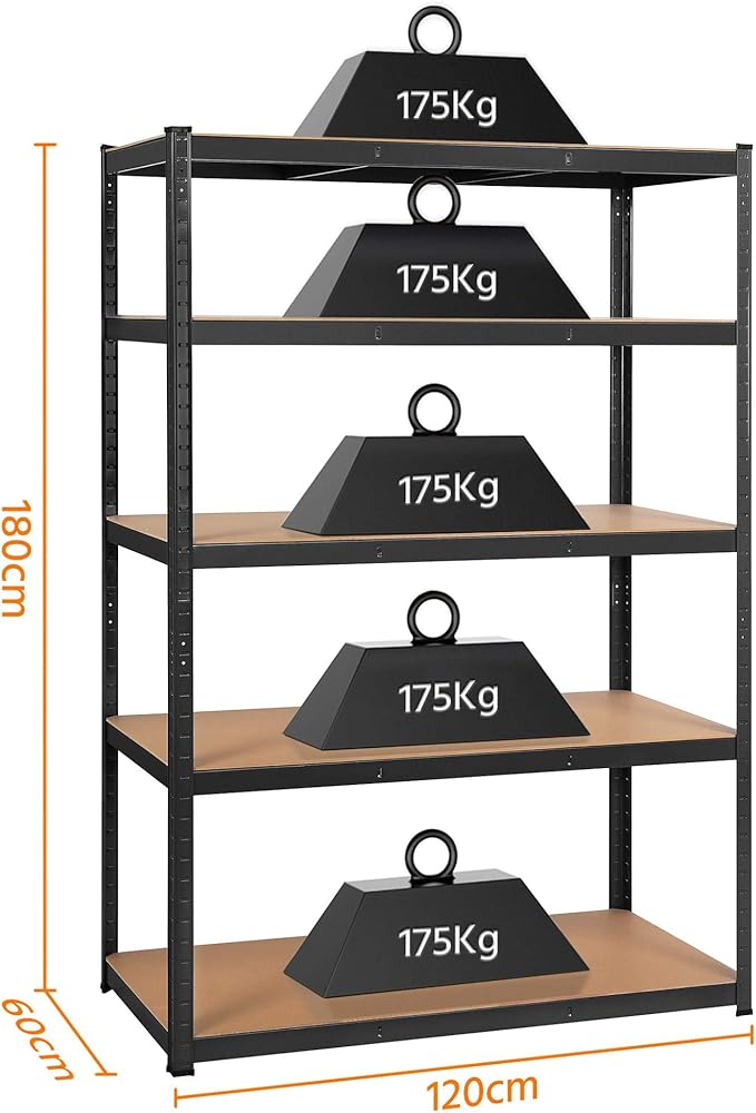 Yaheetech Schwerlast-Lagerregal - 180x120x60 cm - 5 verstellbare Fachböden - 875 kg - Schwarz