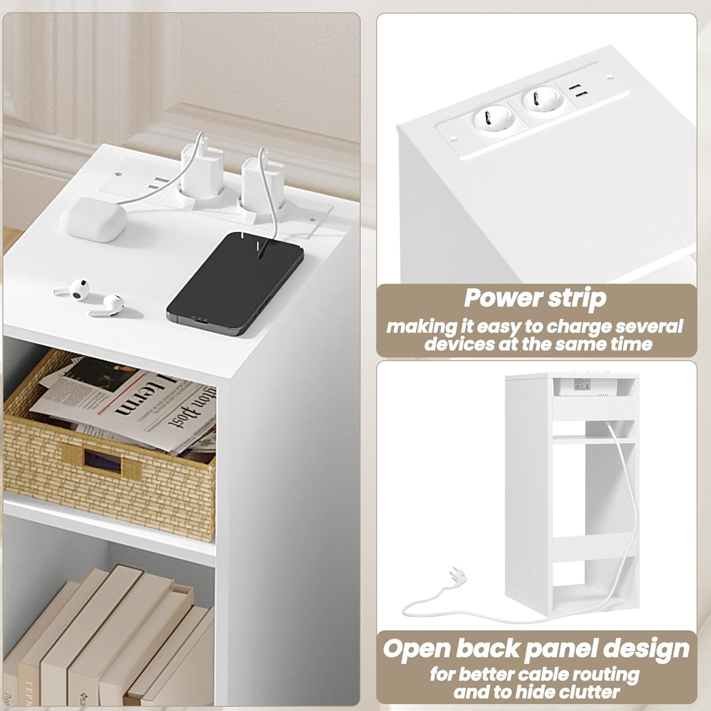 Woltu 2x Nachttisch mit USB und Steckdose - Weiß - 25 x 30 x 60 cm - Kompaktes und modernes Design