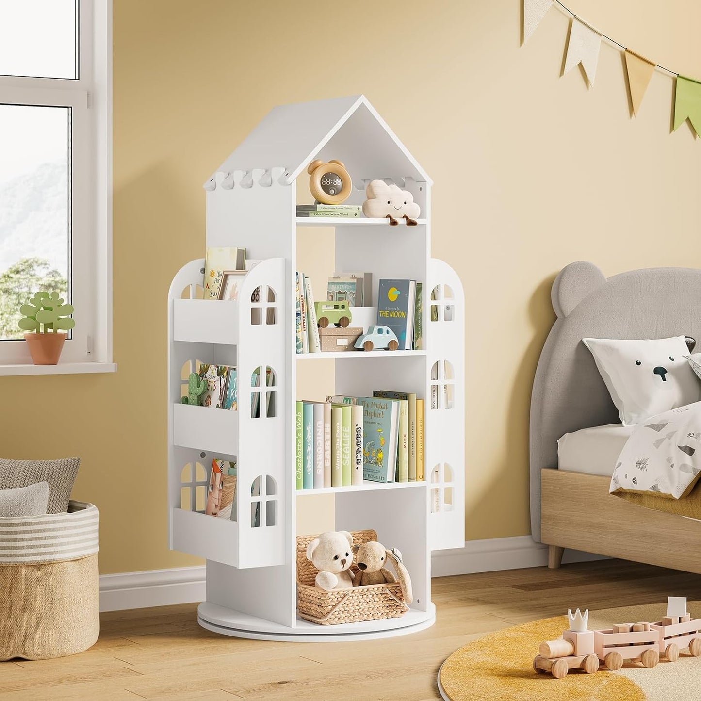 Woltu Drehbares Kinderbuchregal Weiß 63x59x125 cm - Montessori Aufbewahrungsschrank mit 4 Etagen und Seitenfächern