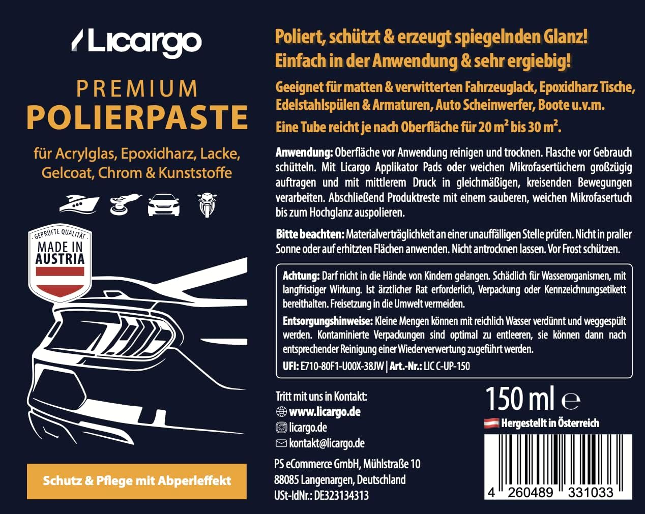 Licargo Universal Polierpaste 150 ml - Feinpolitur für Acrylglas, Epoxidharz, Lack, Gelcoat, Chrom und Kunststoff - Entfernt Mikrokratzer und stellt Hochglanz wieder her