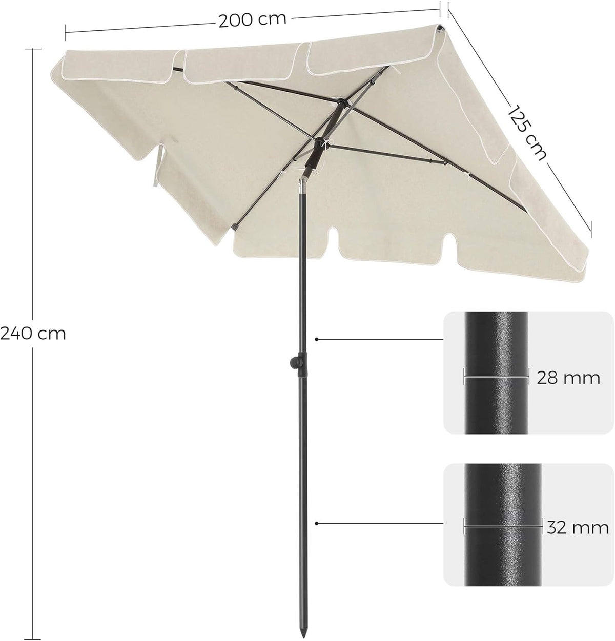 SONGMICS Rechteckiger Balkon-Sonnenschirm 200 x 125 cm, Beige, UV-Schutz bis zu UPF 50+, neigbar