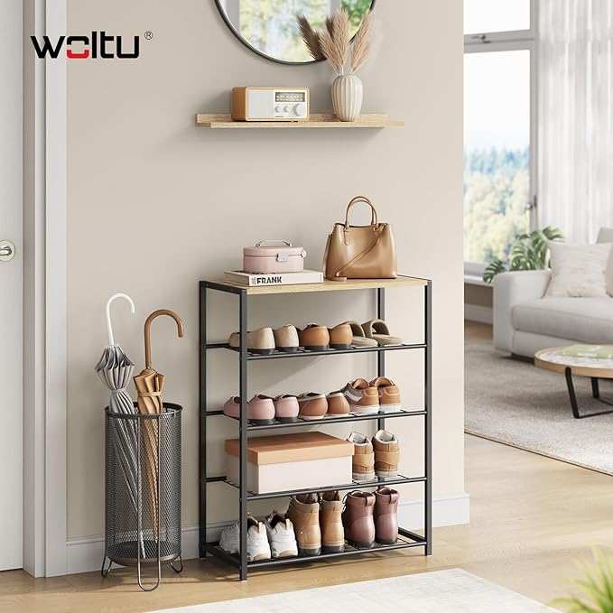 WOLTU Organizer Schuhregal - 4 Ebenen - Eiche hell und schwarz - 63 x 83 x 30 cm