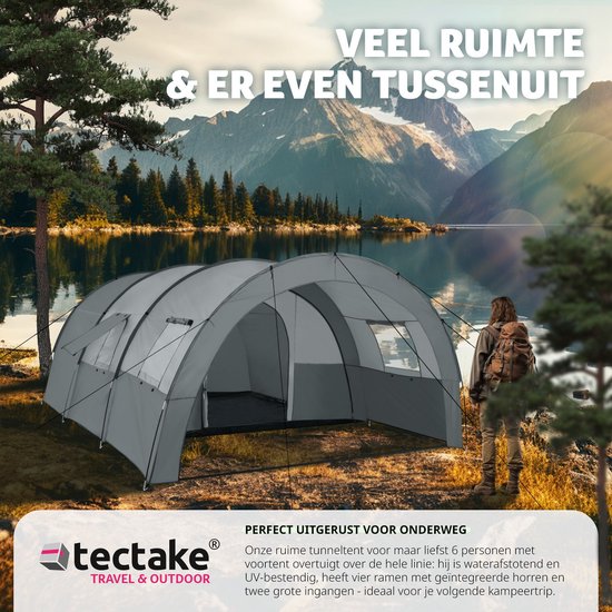 Tectake Roskilde Tunnelzelt - für 6 Personen - mit Vorzelt und Bodenplane - grau