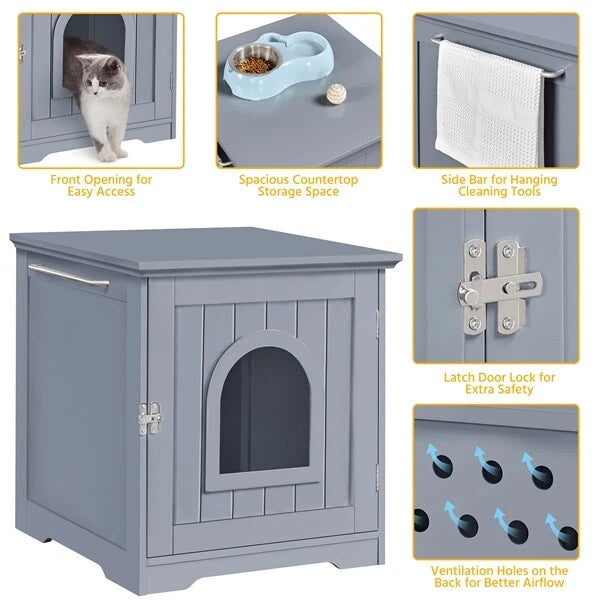 Yaheetech Katzentoiletten-Schrank 48,5 x 51 x 51,5 cm – Grau – Katzenhaus mit versteckter Katzentoilette und Beistelltisch