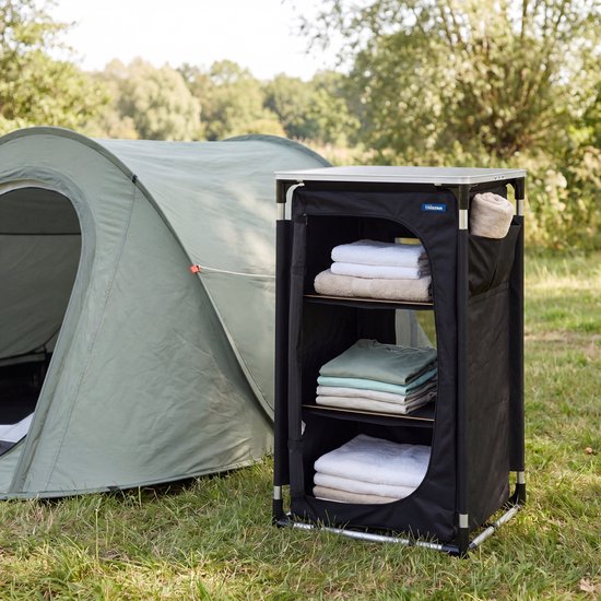 Tristar Klappbarer Camping-Schrank – Aluminiumrahmen – 3 Ebenen – Verstellbare Füße – Seitentaschen – Inklusive Tragetasche – Schwarz - CU-0809