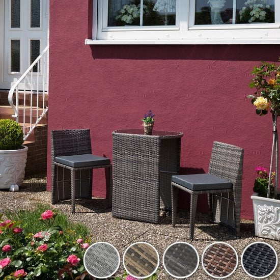 tectake - Bistro-Geflecht, platzsparend zusammenklappbar, Gartenmöbel-Set mit 2 Stühlen und Tisch, Gartenmöbel, Sitzgruppe für Garten, Wintergarten, Balkon, Terrasse - schwarz