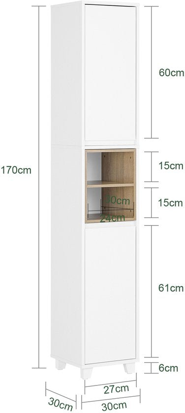 SoBuy BZR147-W Badezimmerschrank - Weißer Hochschrank mit 2 Türen & Fächern