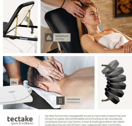 tectake® 3-Zonen-Massagetisch - 70cm breit - Behandlungsliege mit 5cm dicker Polsterung und Aluminiumrahmen - Inklusive 15 Kopfstützentüchern und Tragetasche - Maximale Belastbarkeit 230kg - Schwarz