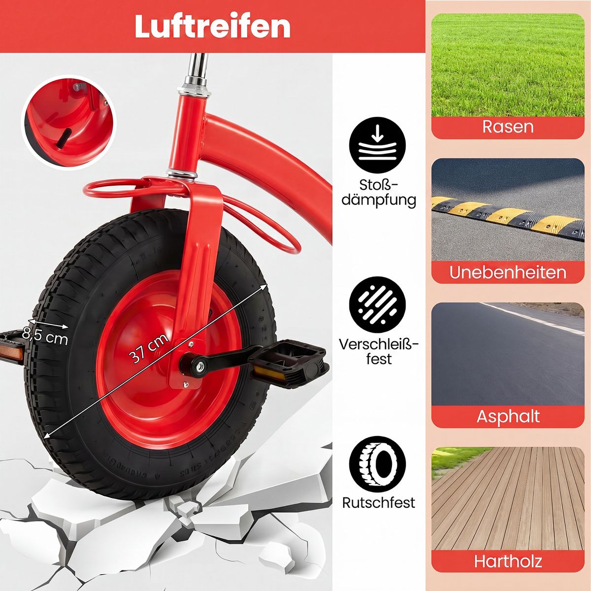 Coast Kinder-Dreirad mit verstellbarem Lenker und Sattel – mit Anhänger – rot