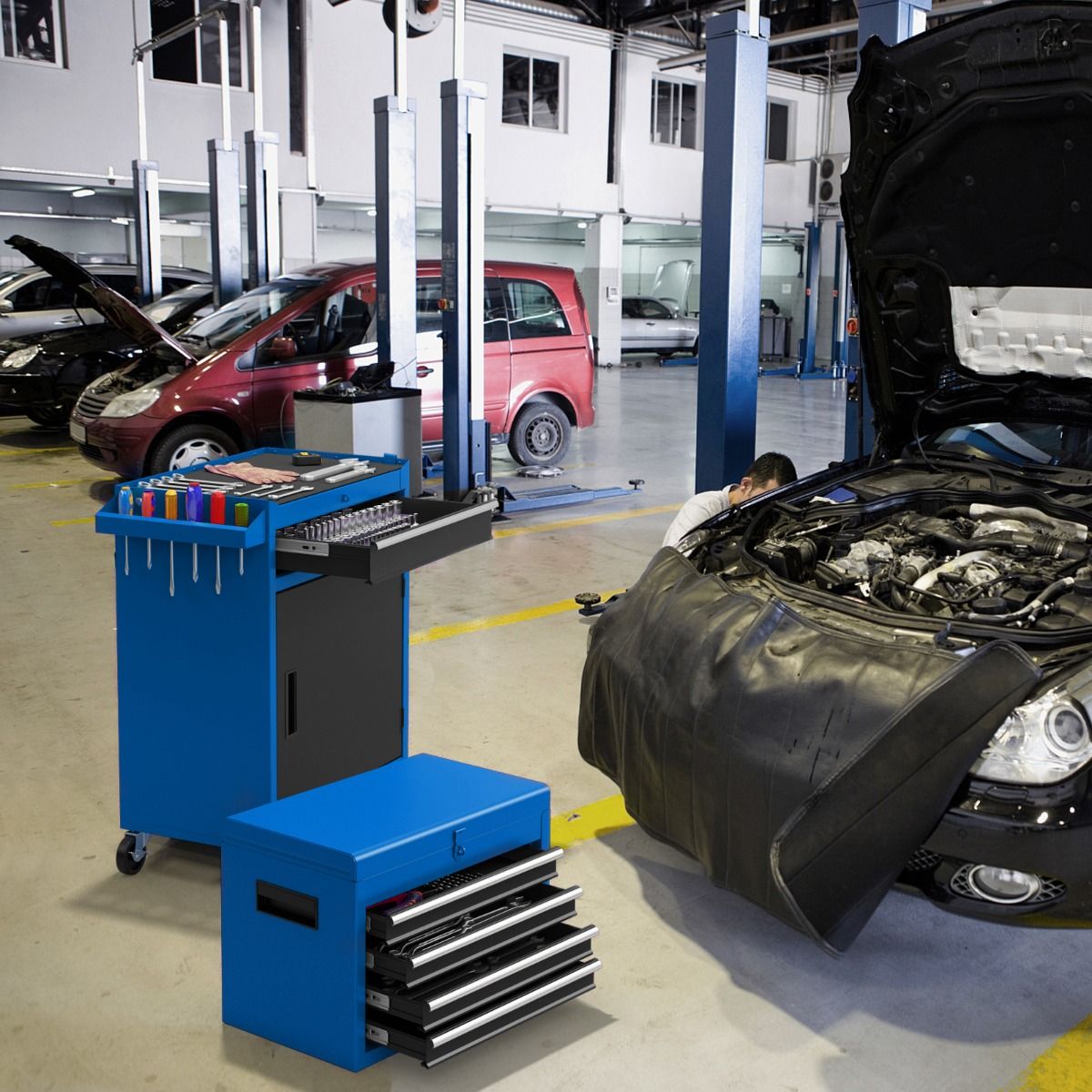 Coast Werkzeugkasten - 4-Schubladen - mit Rädern und Stauschrank - 59 x 28 x 102 cm - Blau