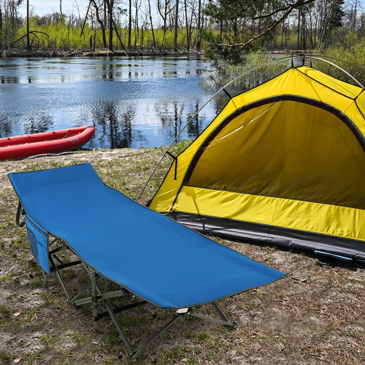 Coast Campingbett - mit Seitentasche - faltbar - Reisestuhl - max 272 kg - blau