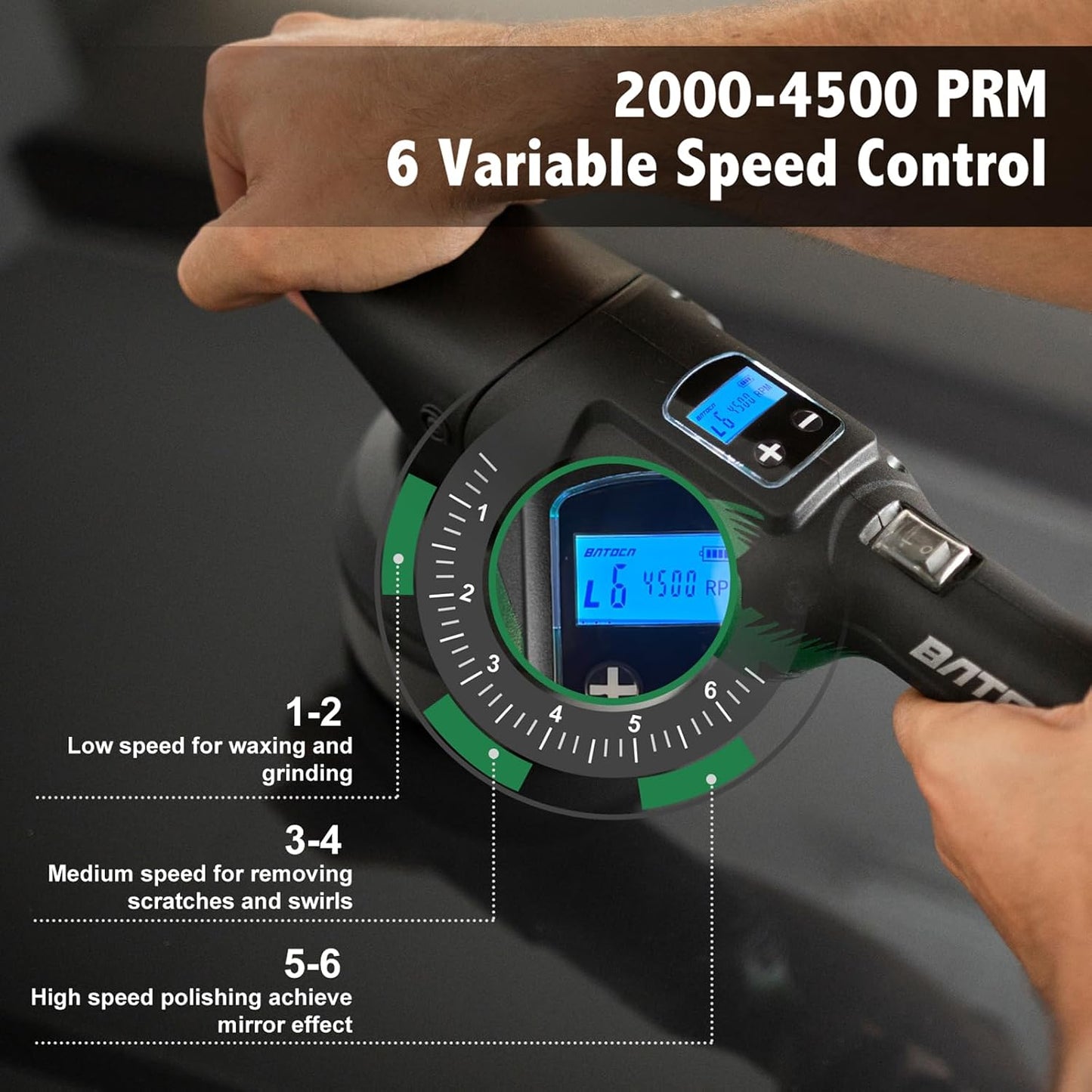 BATOCA S2 Akku-Poliermaschine – 2000–4500 U/min – 8 mm Exzenter – 125 mm – 2 × 5000 mAh Akku