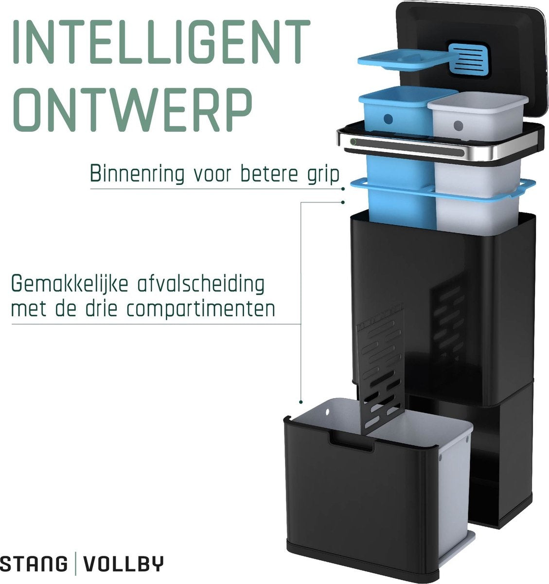 StangVollby Halden Abfalleimer mit Sensor - 60 L (2Ã—18L + 2Ã—12L) - Schwarz - 4 Fächer - Automatischer Luftfilter
