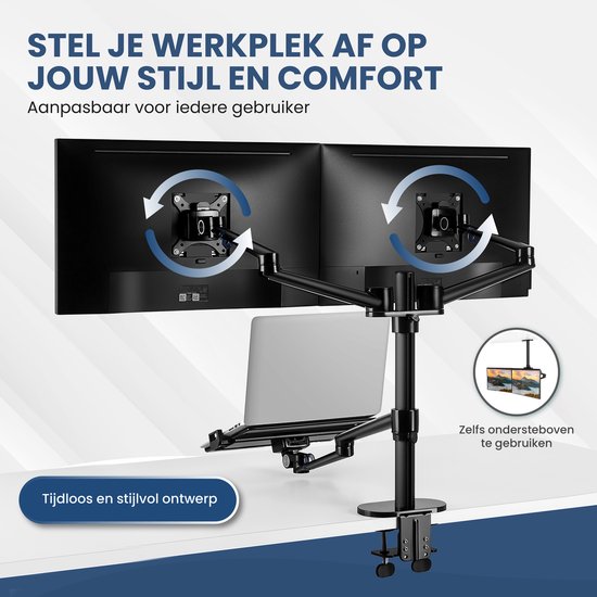 TTD - Monitorarm für 2 Monitore und 1 Laptop - Vollständig drehbar - Höhenverstellbar - Aluminium - Schwarz