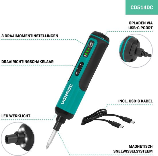 VONROC Elektroschrauber 4V - Inkl. 15-teiligem Bit-Set und USB-C Kabel