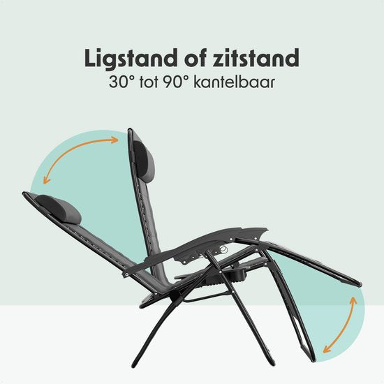 LifeGoods Lounger Comfort - klappbar - 30°-90° verstellbar - Tassen- und Telefonhalter - Gartenstuhl - Schwarz