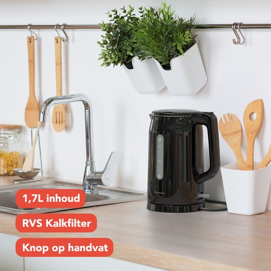 KitchenBrothers Wasserkocher - Elektrisch - 1,7 Liter - Mit Kalkfilter - Doppelwandig - Cool-touch - Schwarz