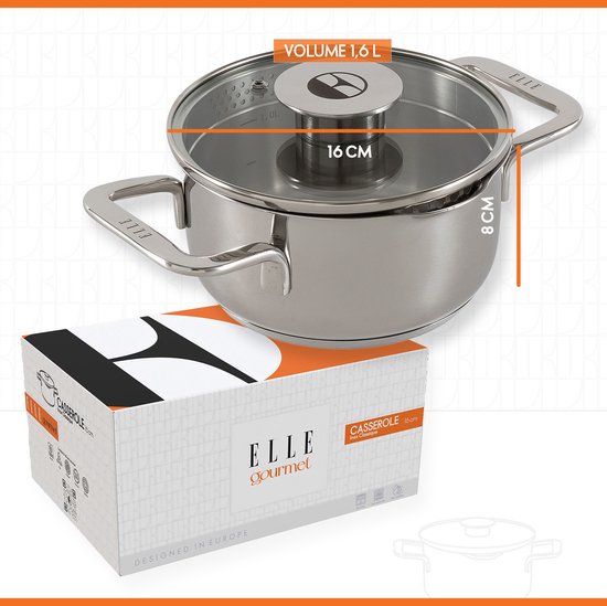 ELLE Gourmet Classique Edelstahl Kochtopf mit Deckel - Ø 16 cm - Kochtopf - PFAS frei - Induktion