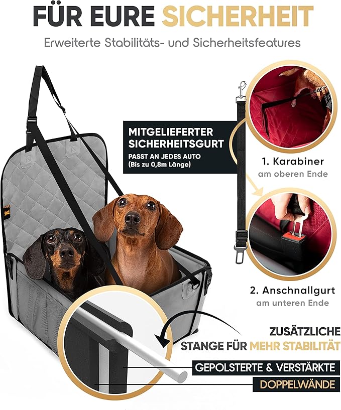 HELDENWERK Hundeautositz, extra stabil, verstärkte Wände, 5 Gurte, wasserdichter Hundeautositz für Rück- und Vordersitz, grau, Standardgröße
