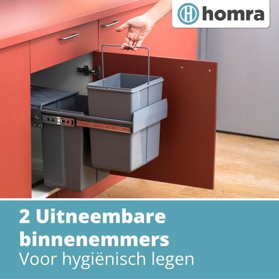 Homra - Einbau-Abfalleimer - 34 x 48 x 41,5 cm - 2x20L - 2 Behälter - Küche - Grau