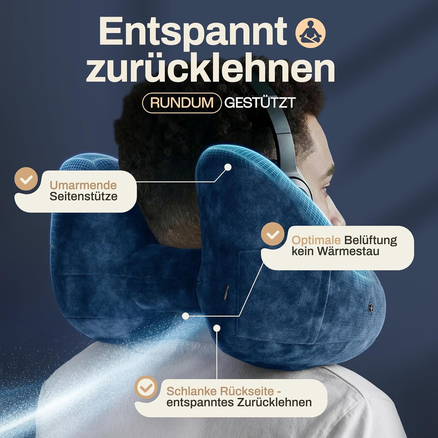 Heldenwerk Premium Air Aufblasbares Nackenkissen – Dunkelblau – Inklusive Kapuze und Ohrstöpseln