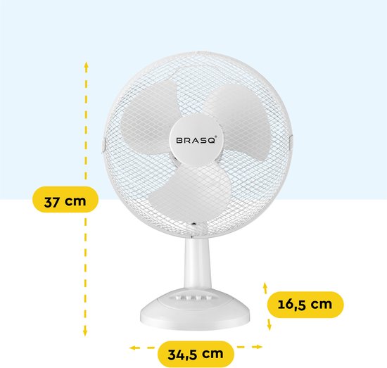 BRASQ Tischventilator - 30 cm - 3 Geschwindigkeiten - Standventilator - 40 Watt - Weiß