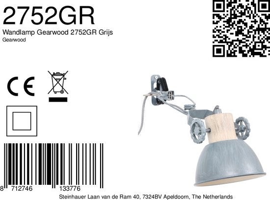 Klemmleuchte und Wandleuchte Gearwood 2752GR Grau, E27-Fassung – Holz und Metall, trendiges Design, dreh- und neigbar, für den Innenbereich geeignet – Mexlite