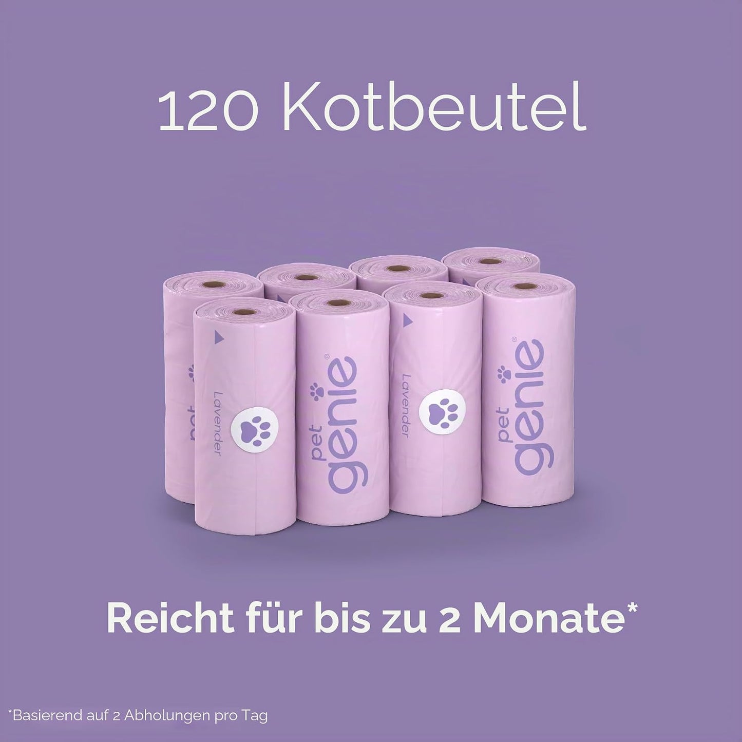 Pet Genie Hundekotbeutel mit Lavendelduft – 22,9 x 33 cm – 120 Stück / 8 Rollen – extra dick & auslaufsicher