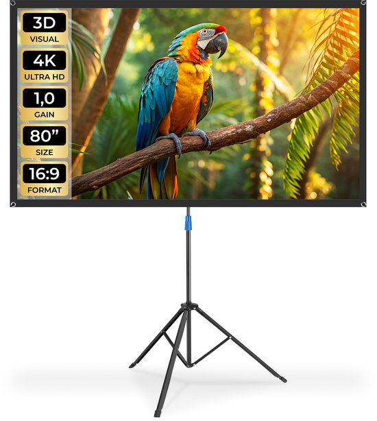 tectake® Beamer-Leinwand – 80 Zoll – 16:9-Projektionsleinwand mit Stativ – 4K HD – aufrollbar – ausziehbar – Projektionsleinwand – Präsentationsleinwand – inklusive Tragetasche